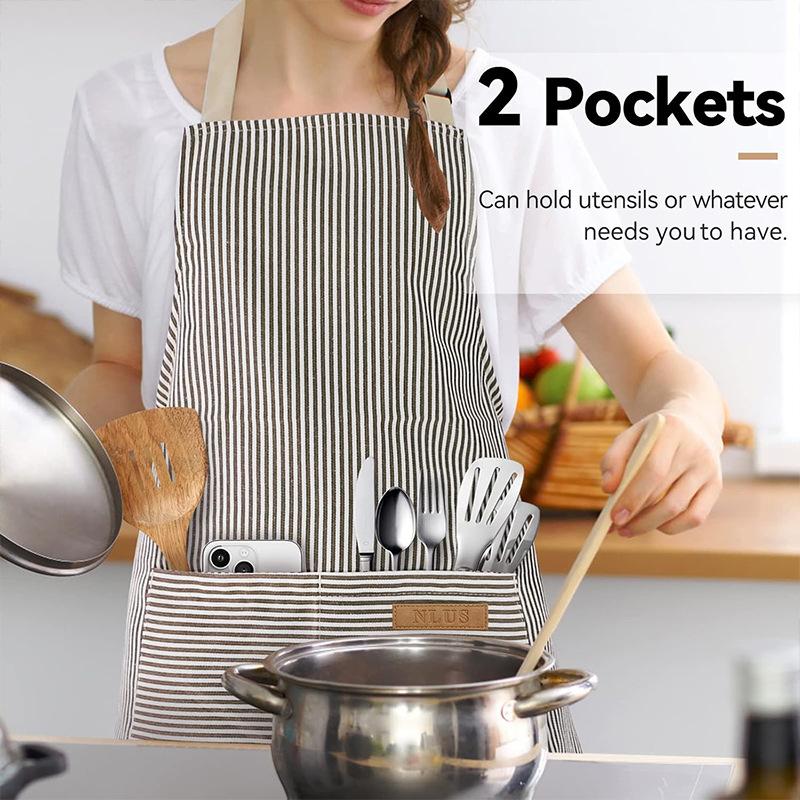 2‑Pack Stain‑Resistant Striped Sleeveless Aprons, Polyester Work Apron Set with Front Pockets for Home Kitchen & Catering