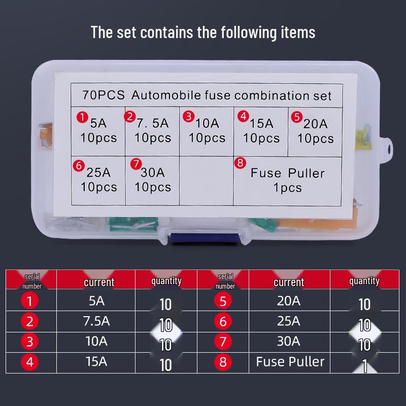 Набор из 70 мини-предохранителей-«лопаток» с короткими ножками для автомобиля