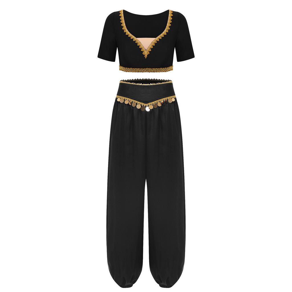 Womens India Dance Outfit Crop Top Gold Trim V Neck Sequin Tassel Pants 2 Piece Set Folk Dance