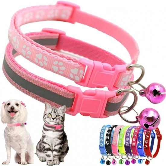 Pink Extra Small Dog Collar with Bell, 2-Pack Puppy Collar with Bells Reflective Kitten Cat Collars Adjustable Buckle for Tiny Little XS XSmall Small