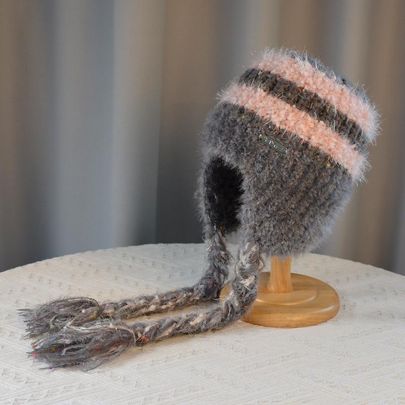 Женская осенне-зимняя теплая утолщенная защитная шапка с холодным мехом и бархатом, двойная тесьма, вязаная шапка, милая разноцветная шапка