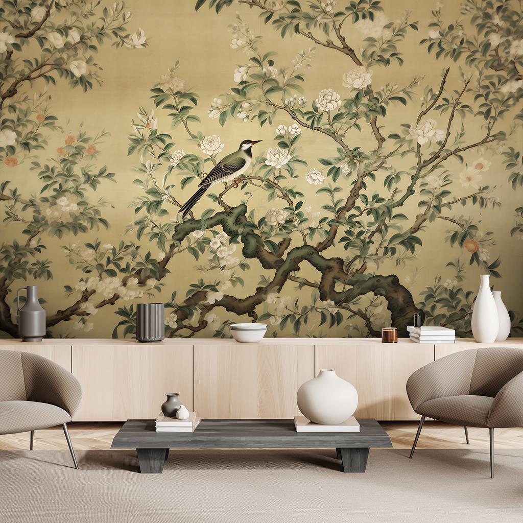 Wallpaper Bird Abstract Chinoiserie