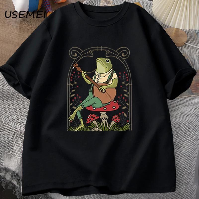 Cute Cottagecore Frog Playing Banjo T Shirts Men Women Cotton Funny Mushroom Naturecore T Shirt Summer Casual Short Sleeve Tees