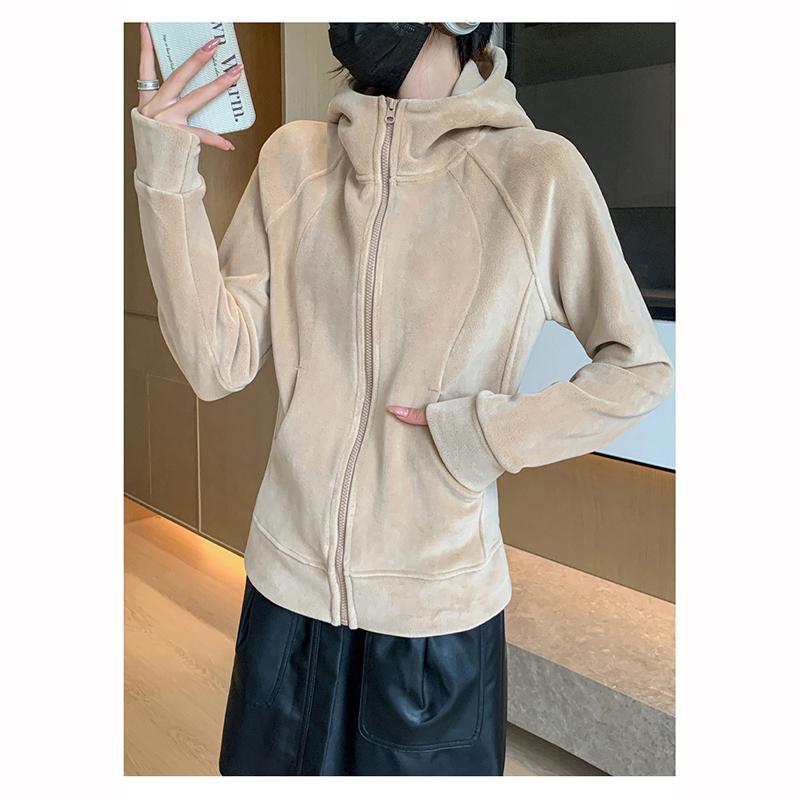 Женская спортивная куртка на молнии с капюшоном, осенне-зимняя, на флисовой подкладке, утолщенная, худи, однотонная, повседневная, свободная, кардиган