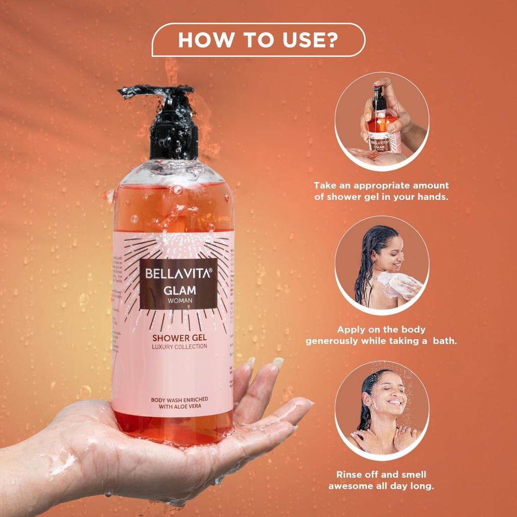 Bella Vita Luxury Glam Woman Body Wash Shower Gel 500ml Hydrating Moisturising Aloe Vera