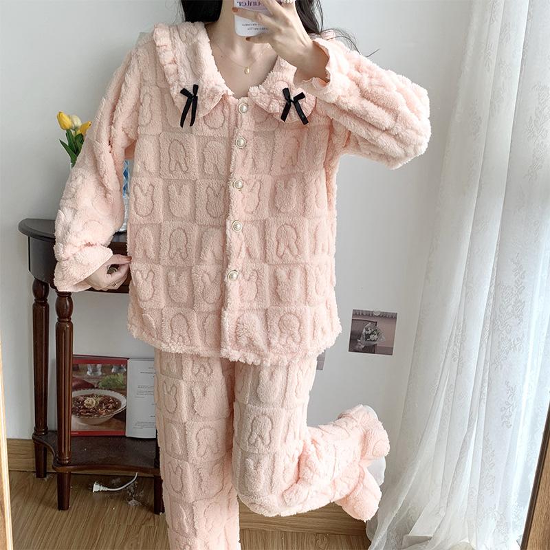 Милая пижама из кораллового флиса, теплая, осенне-зимняя, с длинными рукавами, кардиган, брюки, домашняя одежда, комплект из двух предметов, свободный покрой, повседневная ночная одежда