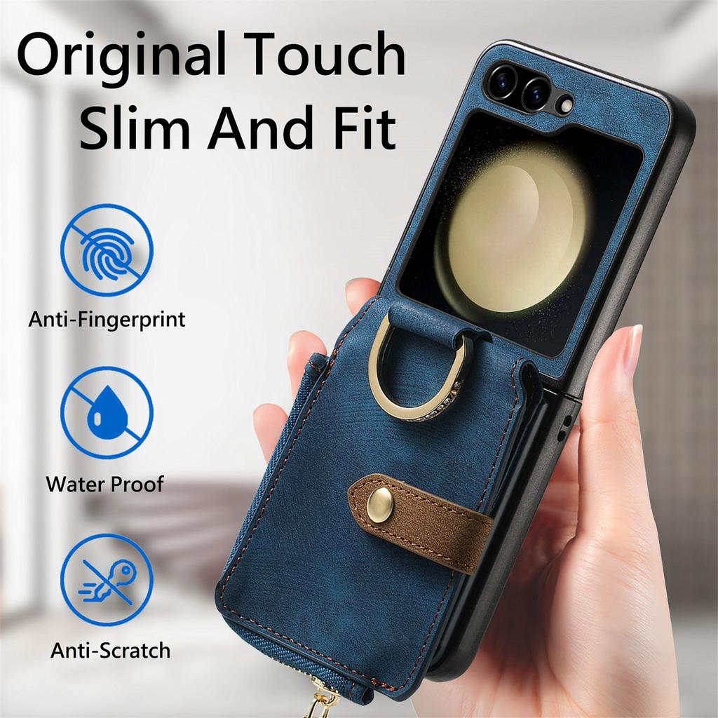 For Samsung Galaxy Z Flip7 FE 5G/Z Flip6 5G Case Zipper Pocket Finger Ring Retro Leather+PC Phone Cover