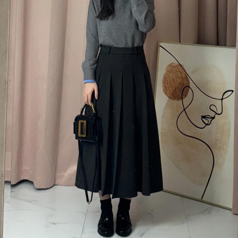 2025 New Style Women's Grey A-Line Woolen Pleated Long Skirt
