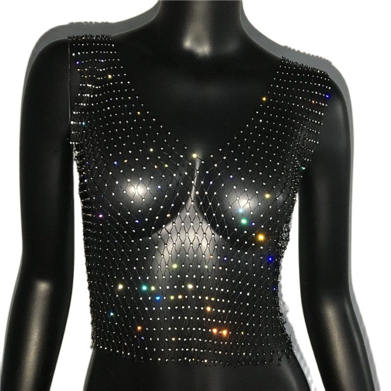 Women's Fishnet Rhinestone Crop Top Summer Sexy Mesh High Elastic Black White Shirt Net See Through Rave Diamond Tank Top