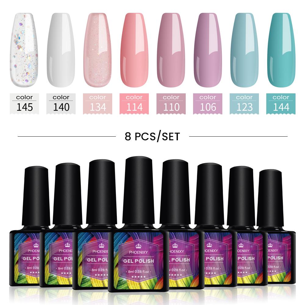 PHOENIXY 8 мл набор гель-лаков для ногтей 8 цветов УФ-гель-лак для ногтей стартовый набор Soak Off блестящий блестящий гель-лак для ногтей набор лаков для ногтей подарки маникюрный набор