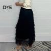 Women Midi Skirt Elastic High Waist Multi Layer Mesh Yarn Long Skirt Solid Color Slimming Style Versatile Skirt
