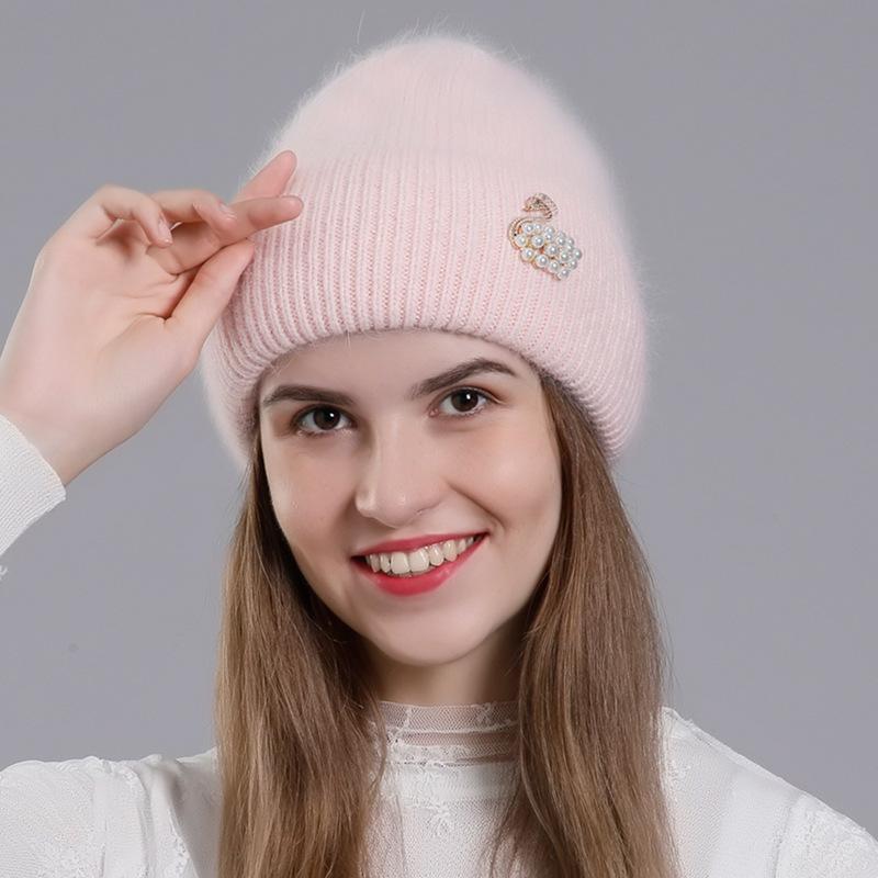 Women Autumn Winter Versatile Rabbit Hair Warm Knitted Wool Solid Color Pullover Hat