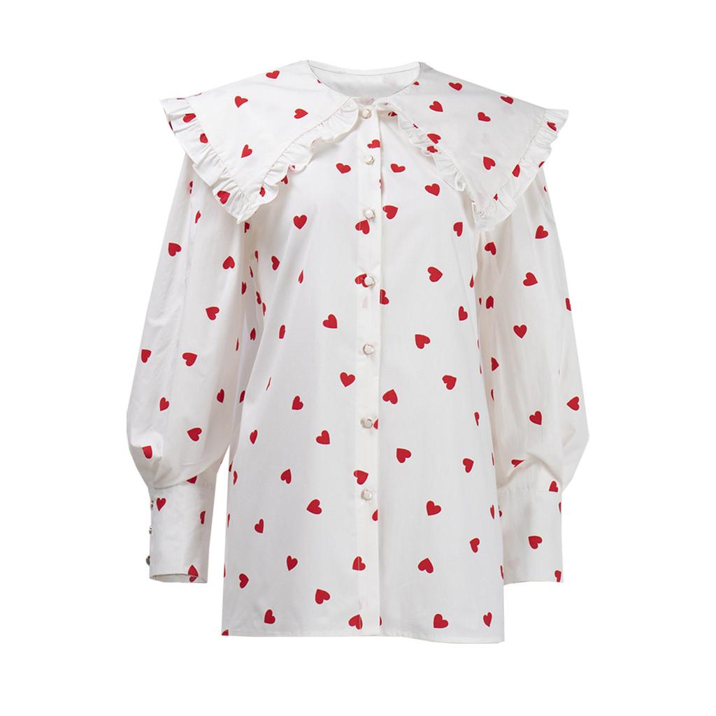 Spring and Autumn Women's Cotton Shirt Love Printed Shirt Doll Collar Lantern Sleeve Shirt