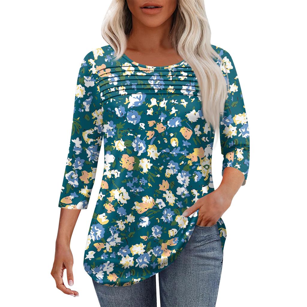 Женская мода круглый вырез горловины плиссированная передняя планка топ рукав 3/4