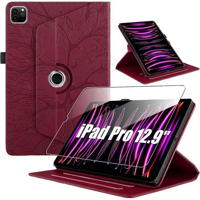 Coque + Verre Trempé pour iPad Pro 12,9 Pouces (3/4/5/6 2018-2022) Antichoc Rotatif Cuir PU Rouge