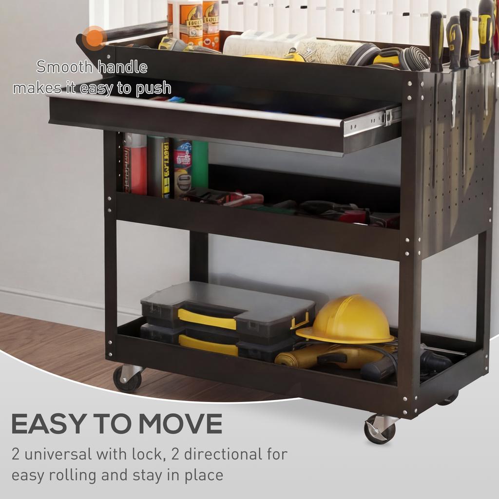 3-Tier Tool Trolley Cart Storage Shelf Roller Cabinet DIY Box Garage Workshop with Drawer Black