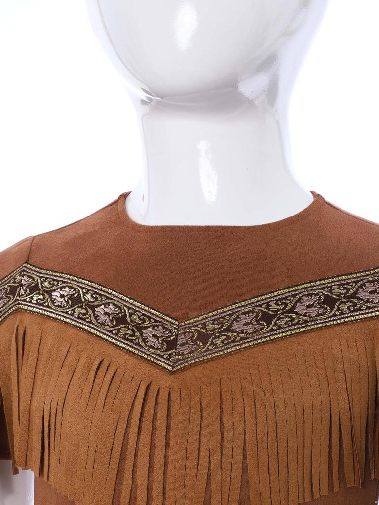 Девочки Декоративное Платье-Бандо Круглый Вырез Короткий Рукав Бахрома на Груди Двухслойная Бахрома по Подолу Костюм