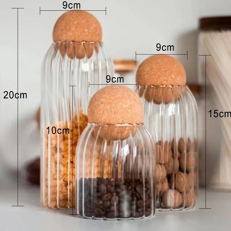 500-1300ml Glass Stripe Sealed Storage Tank with Cork Stopper Kitchen Storage Box Coffee Beans Nuts Candy Food Spices Container