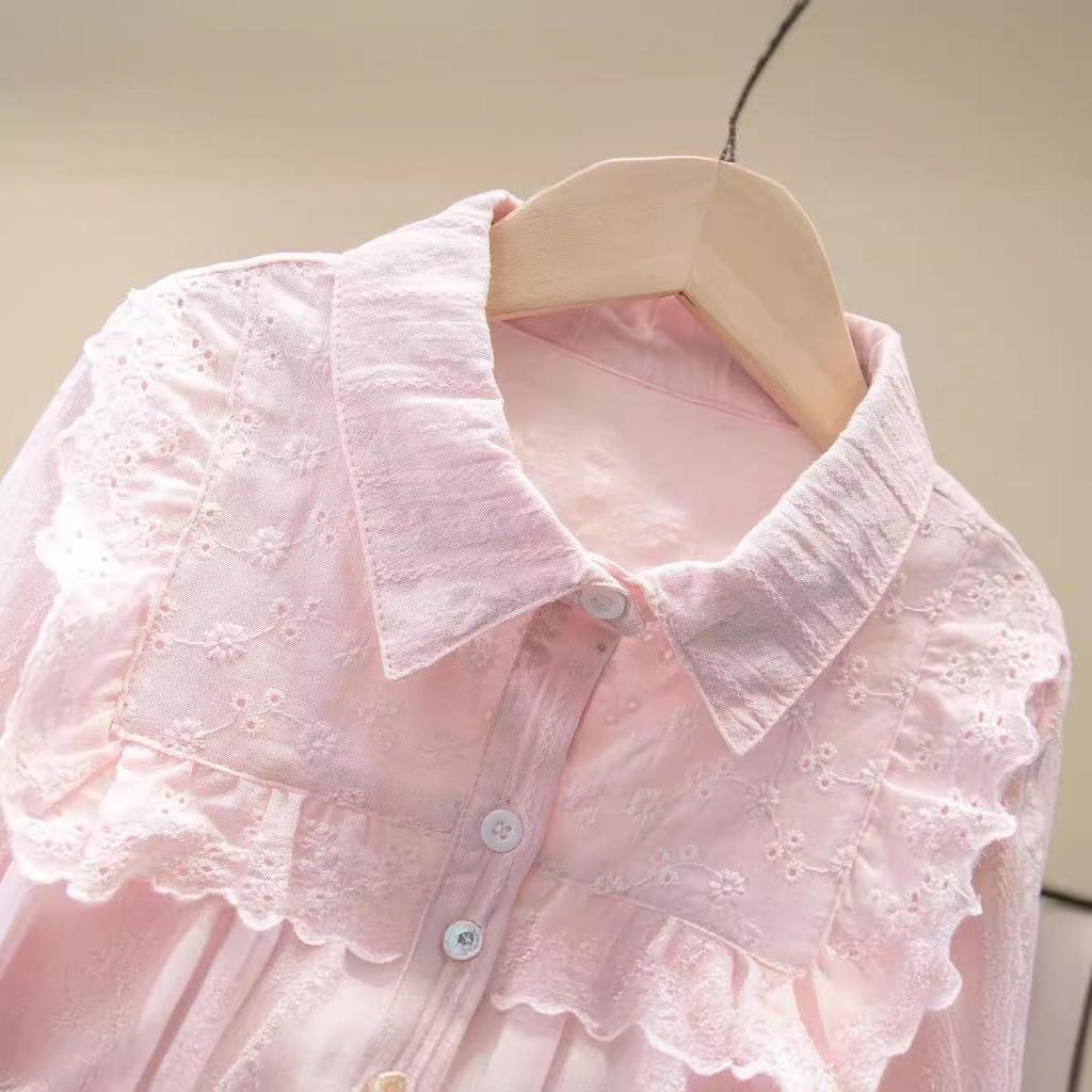 Кружевная рубашка с длинным рукавом для девочек, весна 2023 - модный топ для детей среднего и старшего возраста