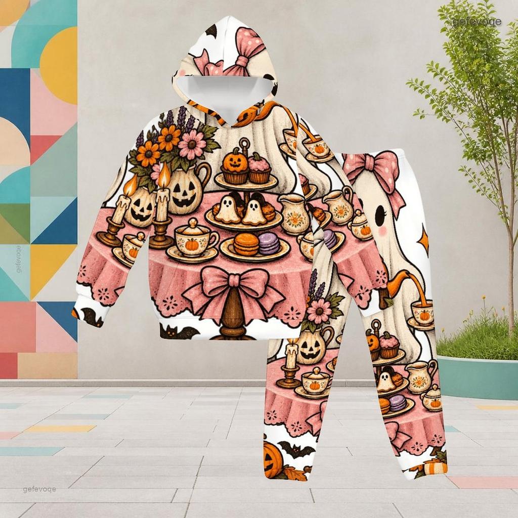 Girls Halloween Printed Hooded Long Sleeve Kangaroo Pocket Top Cuffed Pants Two Piece Set