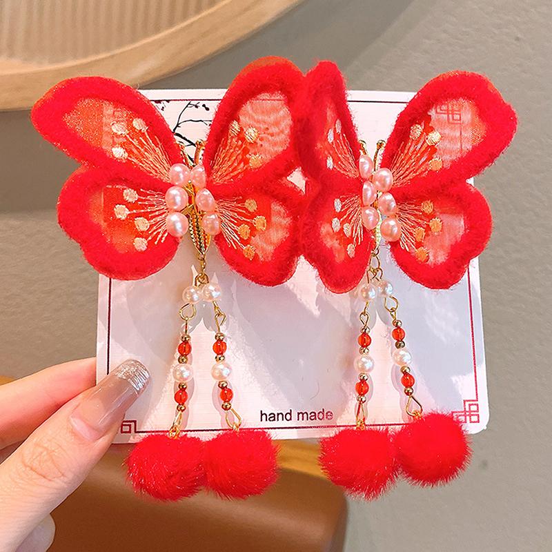 1 пара заколок для волос в китайском стиле, детские кисточки, заколки для волос, милый бант, бабочка, головной убор, кавайные красные аксессуары для волос, подарки