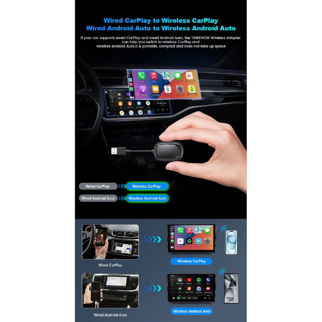 TIMEKNOW Wireless CarPlay Android Auto Adapter Wireless Car play Ai Box USB Dongle For Apple Iphone Android Phone Auto Connect