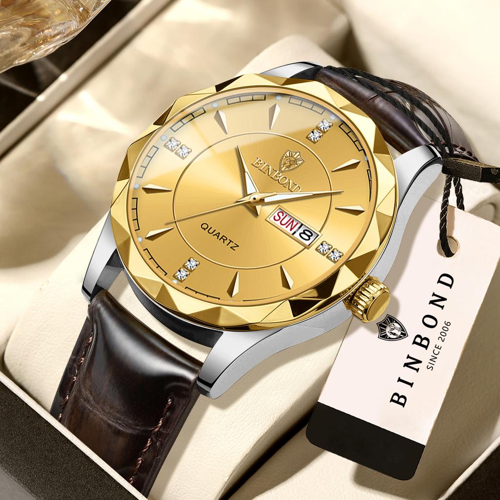 BINBOND Luxury Quartz Wristwatches Luminous Waterproof Auto Date Week Display Men's Watch Durable Leather Sport Casual Reloj