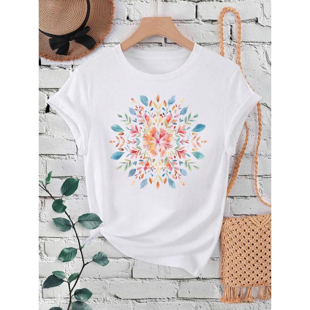 Floral Mandala Print Women Fashion T Shirt Summer Short Sleeves O Neck Y2K Tops Tee Female 90s Casual Clothing