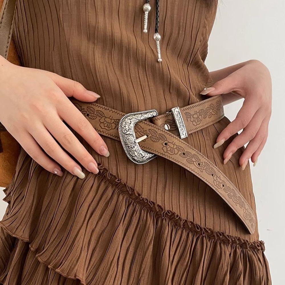 Vintage Printed Ethnic Style Belt Y2k Pants Decorative Gothic PU Leather Belt Female