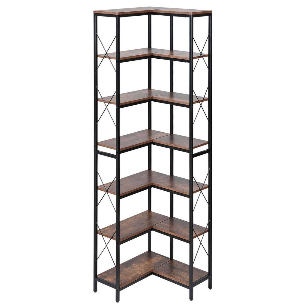 7 Tier Corner Bookshelf, Tall Corner Bookcase Strage, Large L-Shaped Bookshelf Organizer with Metal Frame & Wooden Shelves, Reversible Display Book