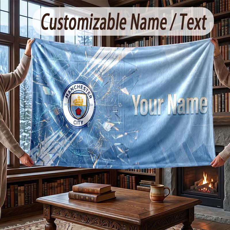 Custom Name Flannel Throw Blanket Manchester City Pattern Warm Home Decoration