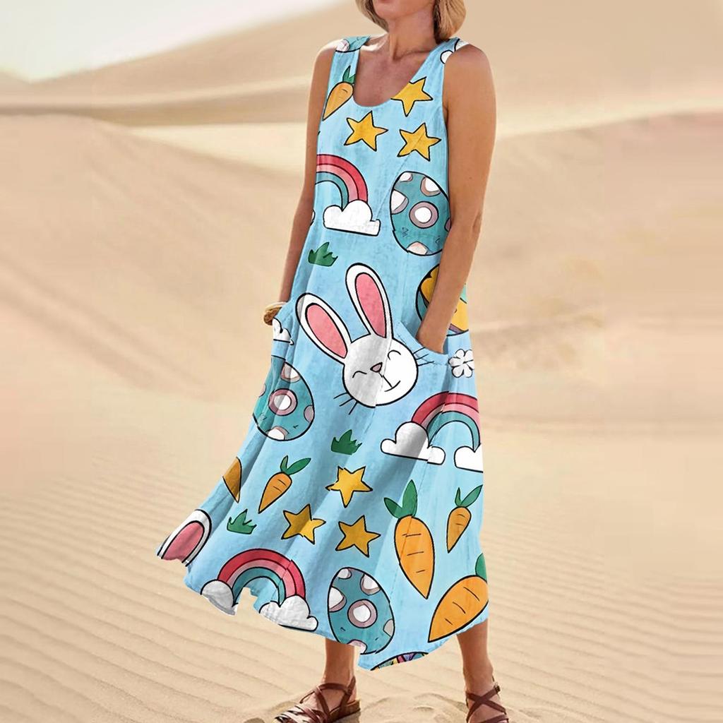 Women's Summer Casual Fashion Easter Printed Sleeveless Round Neck Pocket Dress