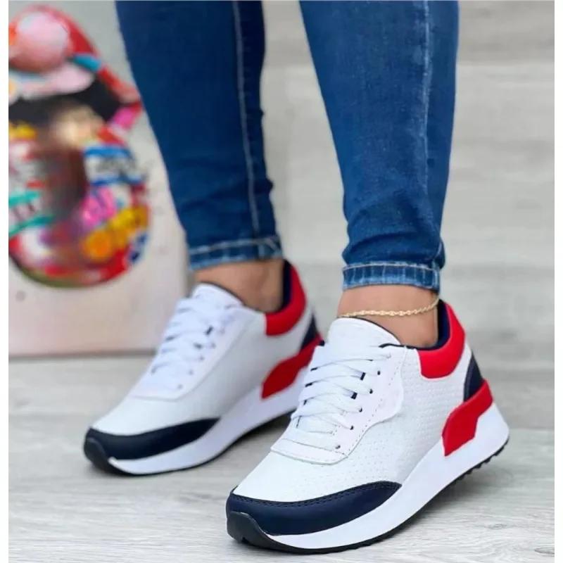 Новые женские спортивные туфли на шнуровке, уличные прогулочные туфли, модные повседневные туфли большого размера, подходящие по цвету, женские туфли на плоской подошве из вулканизированной стали