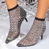 Fashion New Women Sexy Pointed Thin High Heel Rhinestone Mesh Socks Hollow Out High Heel Cool Boots for Women Summer Fashion Women Shoes