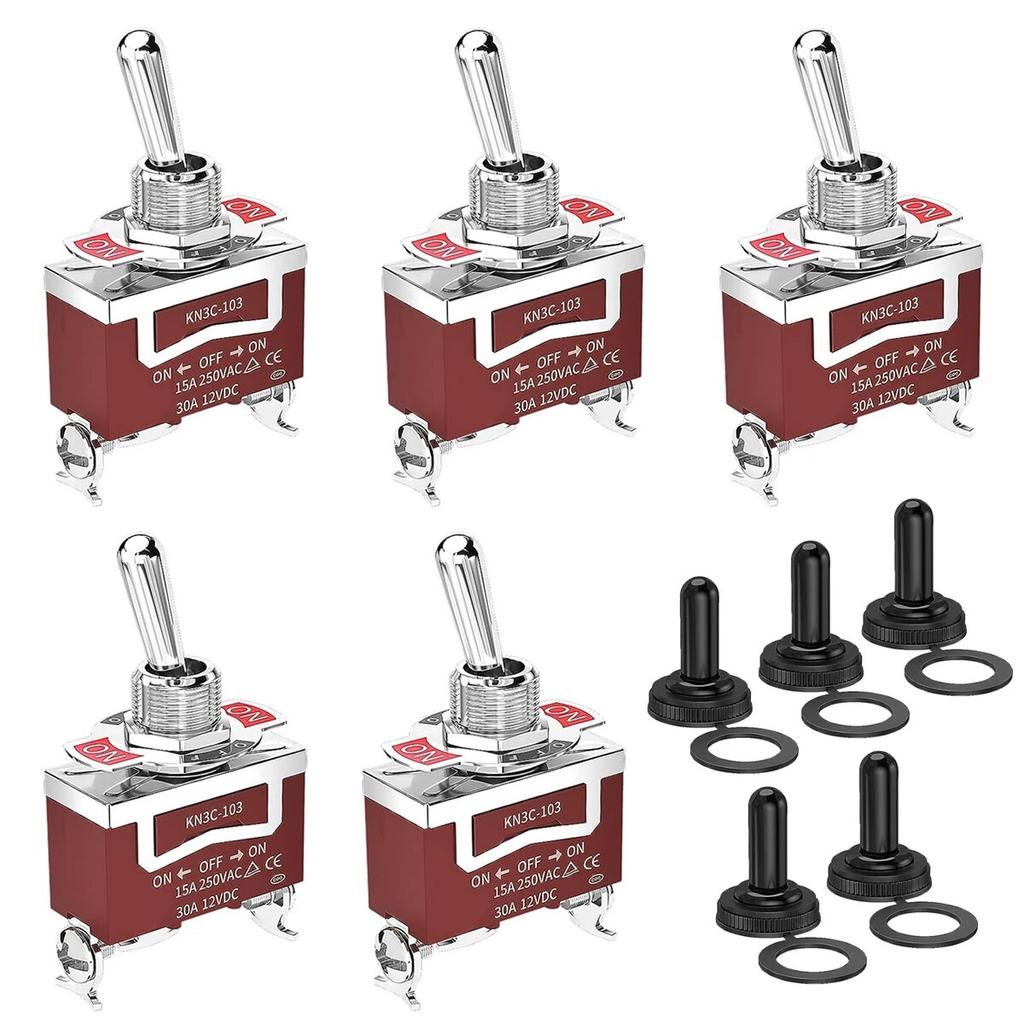 5pcs Waterproof Toggle Switch 12V Marine ON Off ON SPDT 12 Volt DC 30A Heavy Duty 3 Way Toggle Switch with Boot Cap Cover