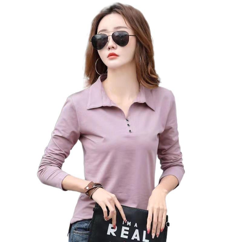 Футболка офисная женская весенняя повседневная футболка с длинным рукавом и лацканами осенняя свободная корейская стильная футболка больших размеров