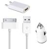 Pack Chargeur 3en1 - Phonillico® - Compatible iPhone 4/4S/3G/3GS - Blanc - USB - Chargeur Secteur Et Voiture