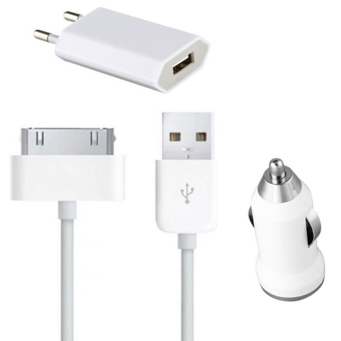 Pack Chargeur 3en1 - Phonillico® - Compatible iPhone 4/4S/3G/3GS - Blanc - USB - Chargeur Secteur et Voiture