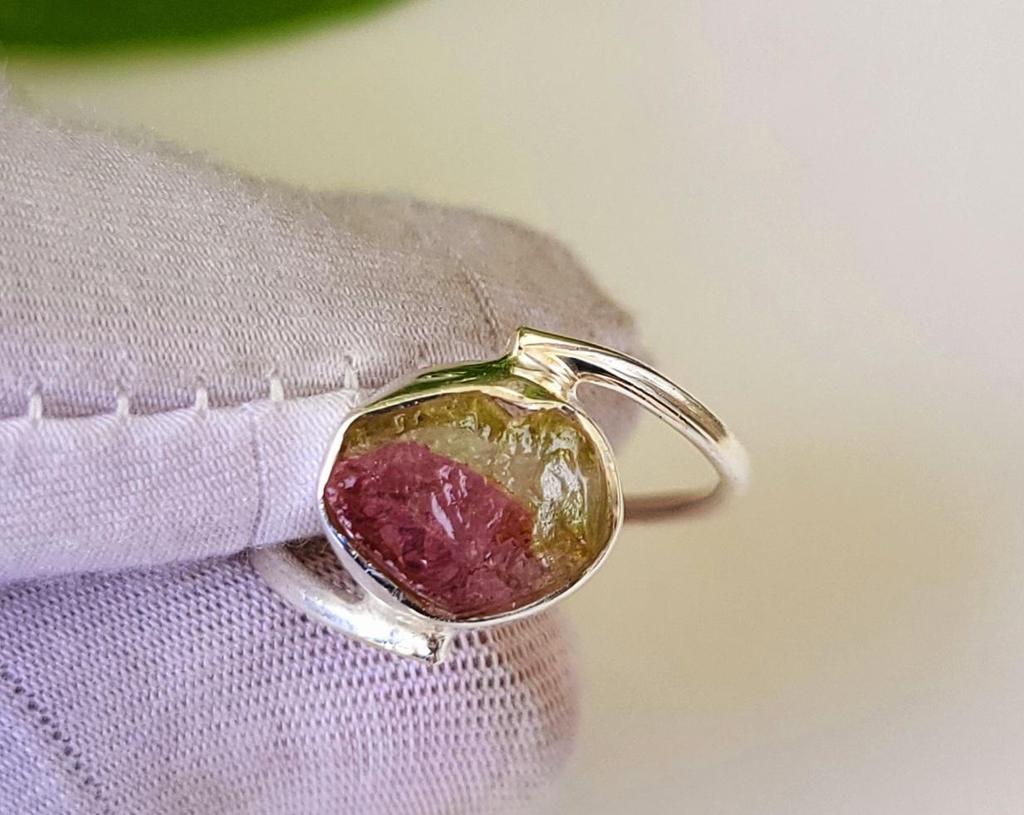Green Pink Watermelon Tourmaline Gemstone 925 Sterling Silver Sz 4.5 US, Gift