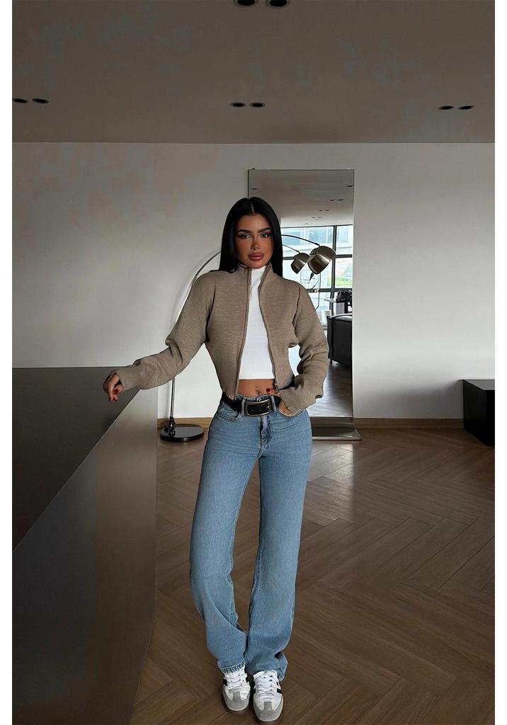 European & American Style Knit Zipper Cardigan: Women's Half-high Collar, Loose Long Sleeve, Cropped Soft Fluffy Sweater.