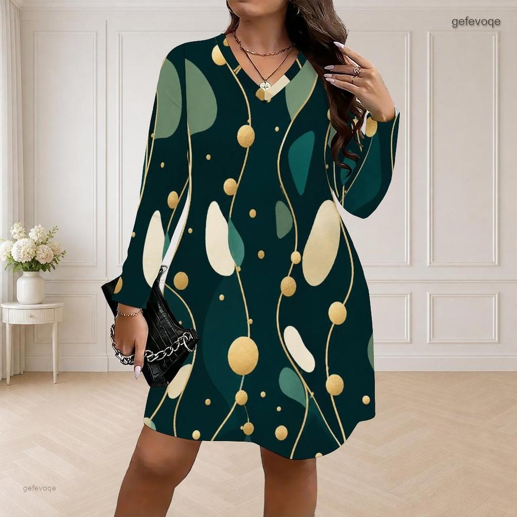 Women Plus Size V Neck Long Sleeve Black Gold Printed Loose Curved Hem Dress