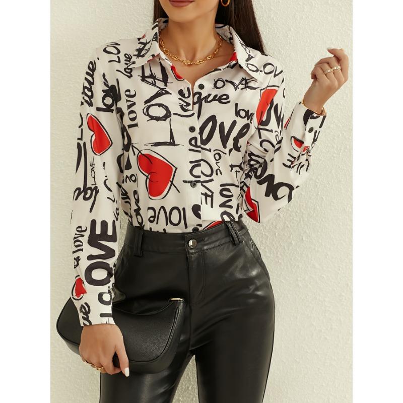 European and American Style Women's Shirt, Valentine's Day Digital Print V-Neck Long Sleeve Cross-Border Women's Top