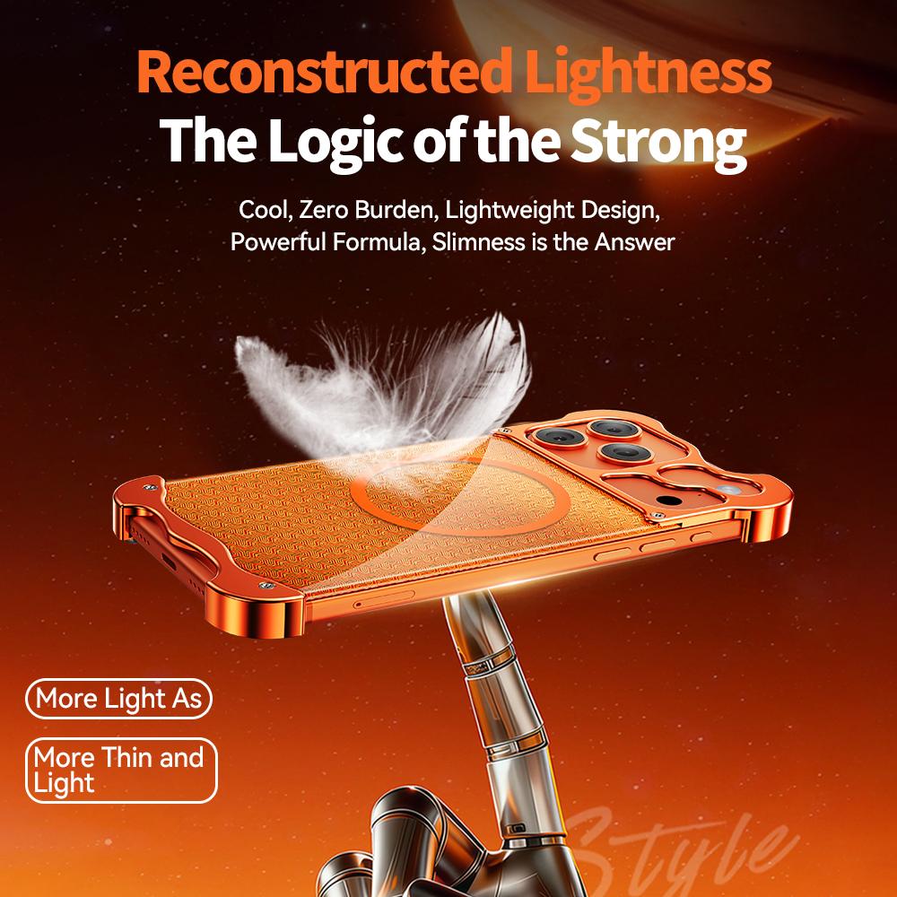 Безрамочный чехол для iPhone 17 Pro Max, совместимый с MagSafe, с позолоченным узором «Броня», задняя крышка из алюминиевого сплава и поликарбоната