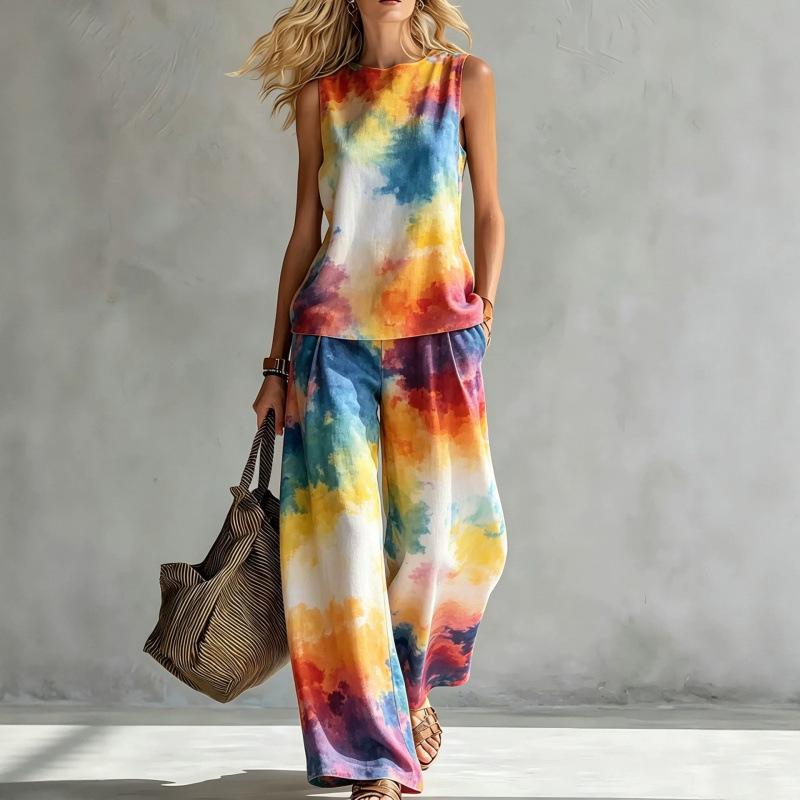 Crew neck top wide leg pants two-piece set women's casual suit European and American summer new rainbow tie-dye sleeveless