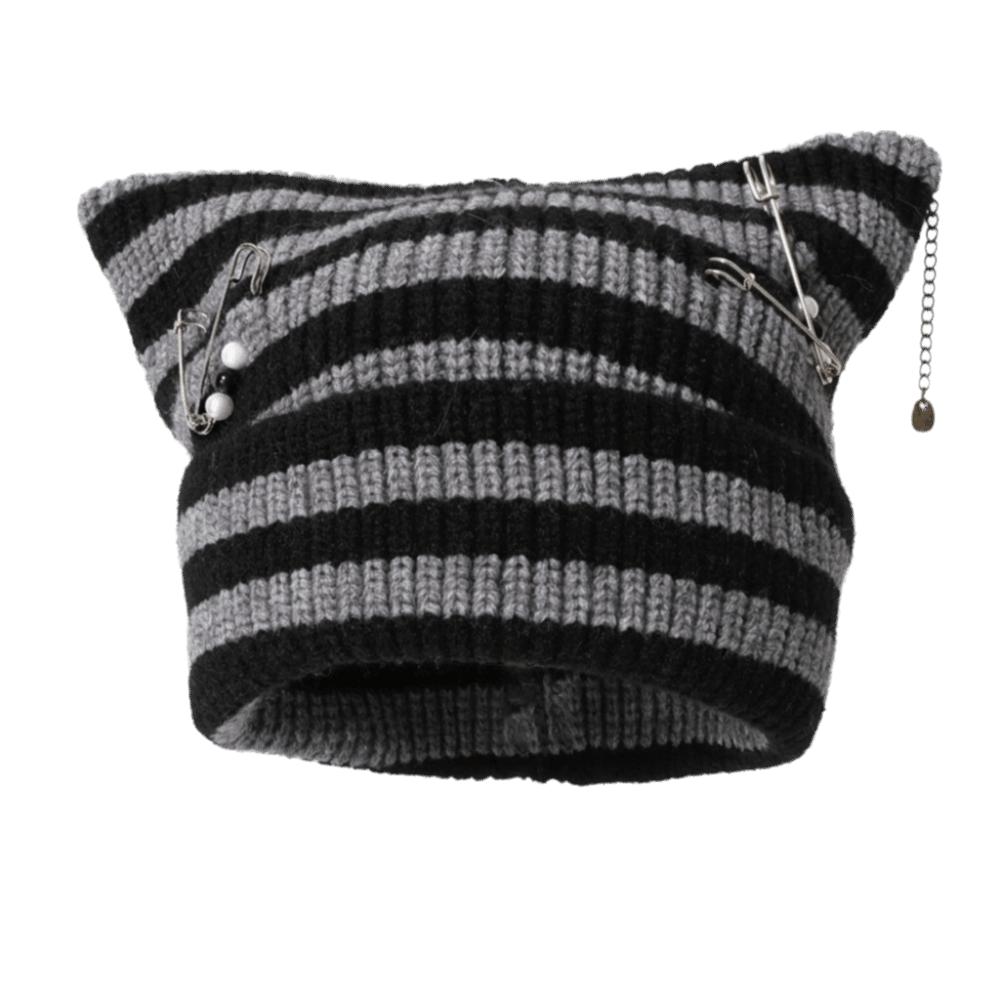 Thickened Knitted Striped Hat Polyester Warm Hat Cute Cat Ear Beanie Daily Wear