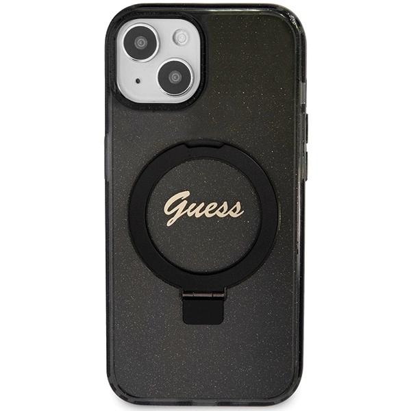 Guess Ring Stand Script Glitter Magsafe Case For Iphone 15 - Black