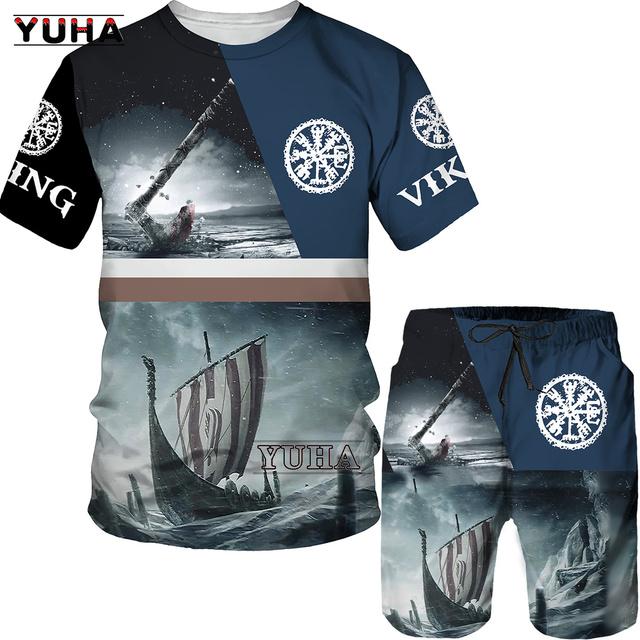 Летний мужской костюм большого размера, мужская футболка с 3D принтом викингов и мужской спортивный костюм, футболка, шорты, повседневная спортивная одежда, весна