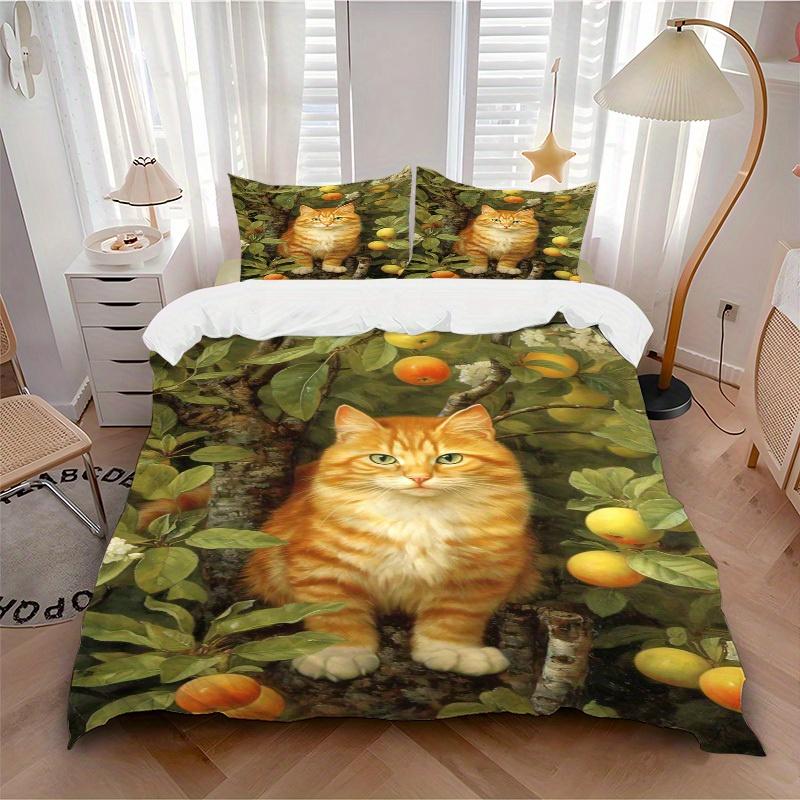 3pcs cat, apple tree Bedding Set Down Comforter Cover and Pillowcases, Suitable for Guest Room Home Decoration All Seasons(No Insert) S0819040