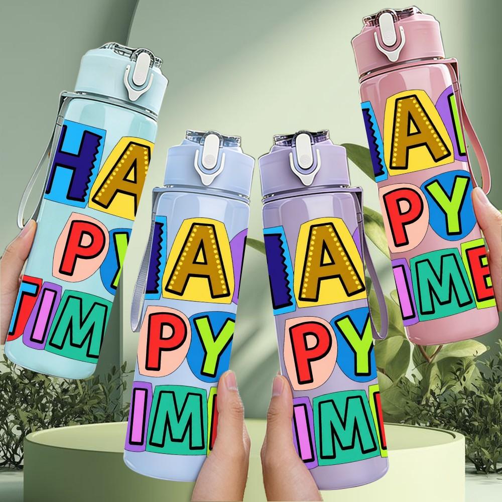 1PC Happy Py Times Letter Art 750ml Color Plastic Sports Water Bottle Leakproof Flip Straw Lid Suitable for Sports Office Home Use