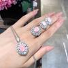 Exquisite Luxury Design Zircon Sets with Pink Quartz Zircon Pendant Necklaces Earrings Copper Color Rings Wedding 3 Piece Set